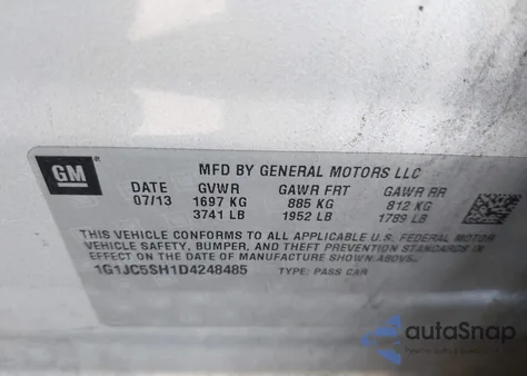 2013 Chevrolet Sonic Lt Auto z USA, uszkodzony, nr VIN 1G1JC5SH1D4248485